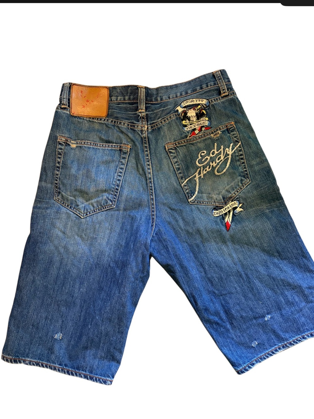Ed Hardy denim shorts 
Embroidered 
90s 
Y2K